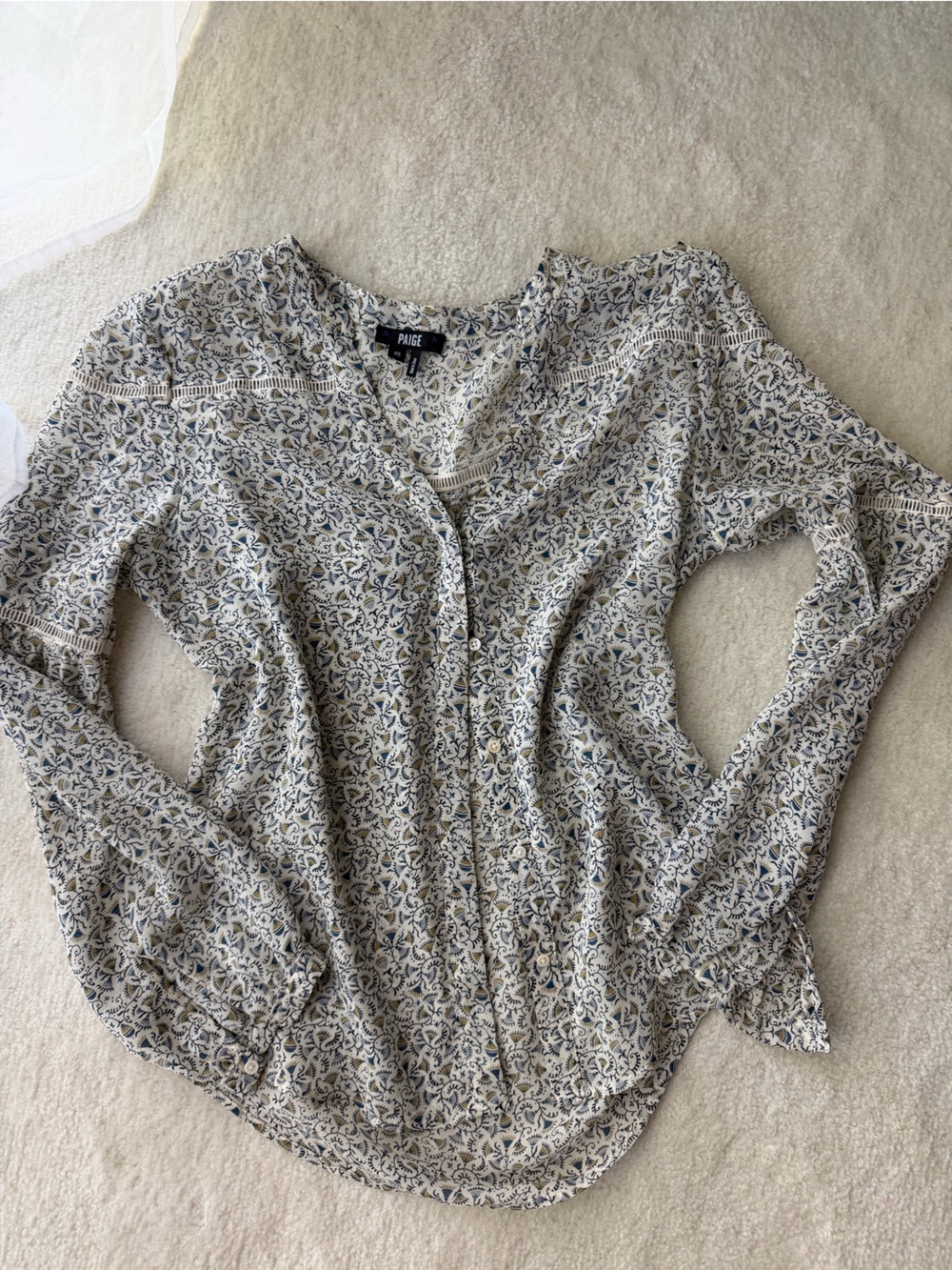 PAIGE 100% Silk Cream & Blue Floral Printed Button-Front Blouse